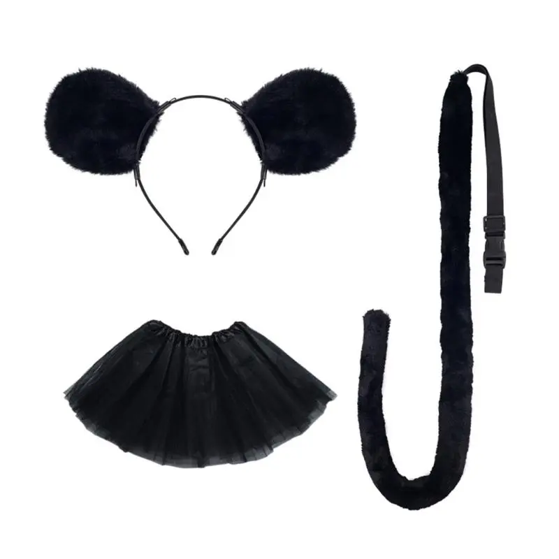 652F Kids Mouse Costume Accessories Set Mouse Ears Headband Tail Tutus Animal Fancy Costume for Halloween Cosplay Party