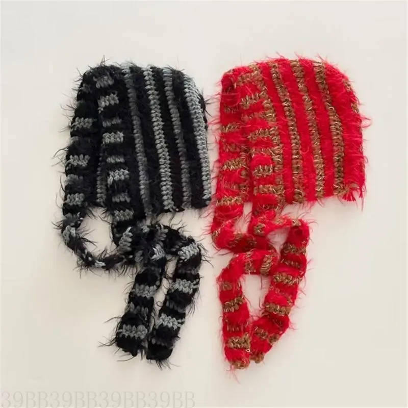 652F Lovely Knitted Laceup Ear Flap Hat for Adult All Matching 2000s Striped Pullover Hat Winter Warm Caps for Daily Use