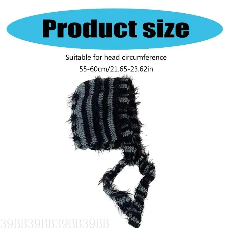 652F Lovely Knitted Laceup Ear Flap Hat for Adult All Matching 2000s Striped Pullover Hat Winter Warm Caps for Daily Use