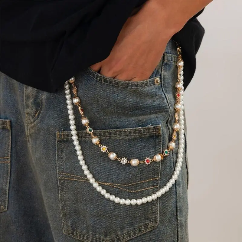 652F Pearls Rhinestoned Flower Waist Chain Strap for Fashion Forward Women Unique and Sophisticated Accessories Jewelry