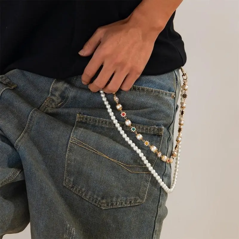 652F Pearls Rhinestoned Flower Waist Chain Strap for Fashion Forward Women Unique and Sophisticated Accessories Jewelry