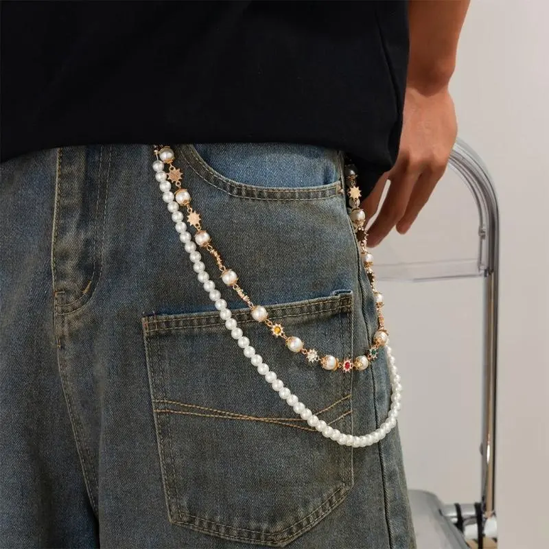 652F Pearls Rhinestoned Flower Waist Chain Strap for Fashion Forward Women Unique and Sophisticated Accessories Jewelry