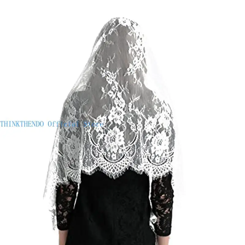 652F Mysterious Church Veiled Scarf Shoulder Wrap Solid Color Shawl with Intricate Lace Designing For Weddings Ceremonies