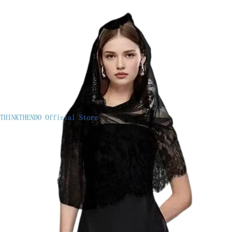 652F Mysterious Church Veiled Scarf Shoulder Wrap Solid Color Shawl with Intricate Lace Designing For Weddings Ceremonies