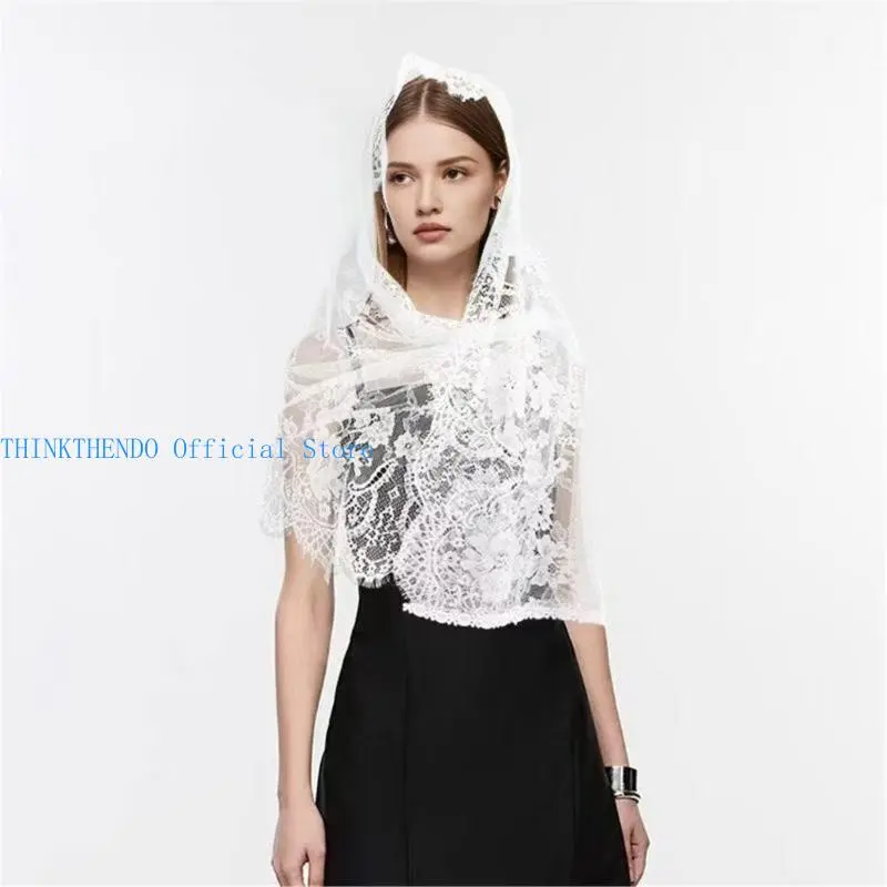 652F Mysterious Church Veiled Scarf Shoulder Wrap Solid Color Shawl with Intricate Lace Designing For Weddings Ceremonies
