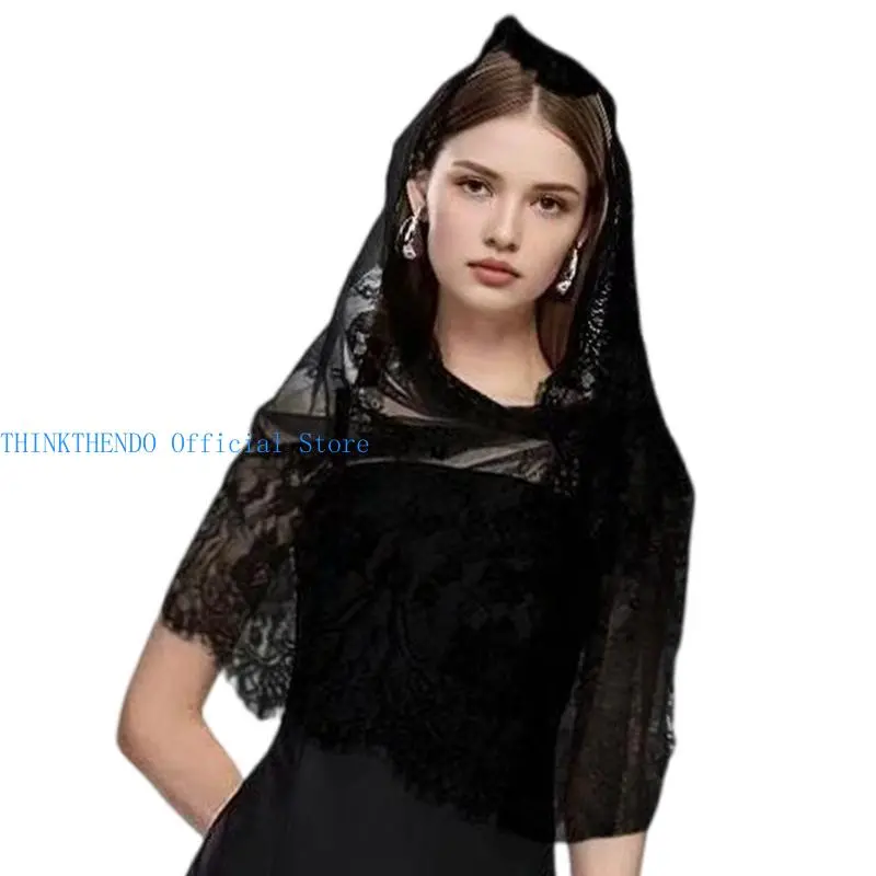 652F Mysterious Church Veiled Scarf Shoulder Wrap Solid Color Shawl with Intricate Lace Designing For Weddings Ceremonies