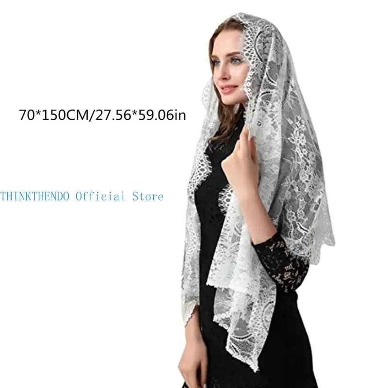 652F Mysterious Church Veiled Scarf Shoulder Wrap Solid Color Shawl with Intricate Lace Designing For Weddings Ceremonies