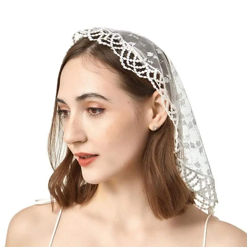 652F Lace Mass Veil Headscarf for Church Attendance Mantilla Veil Lace Head Covering Rose Flower Veil for Worship Service