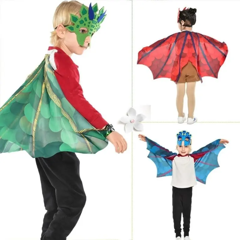 652F Dinosaur Wing Cloak with Dinosaur Mask Dinosaur Role Play Outfit for Kid Masquerade Birthday Christmas Halloween Cosplay
