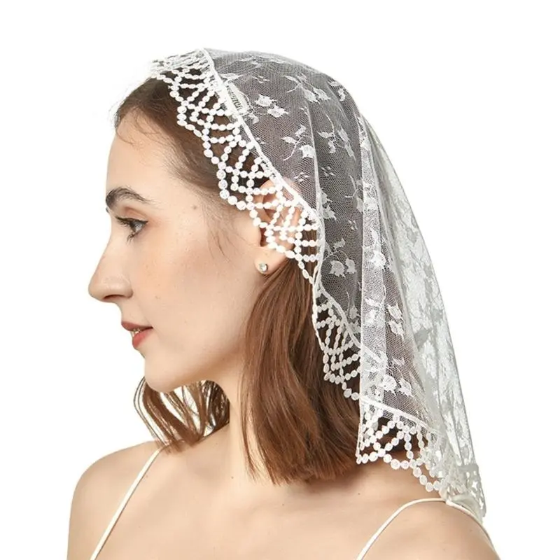 652F Lace Mass Veil Headscarf for Church Attendance Mantilla Veil Lace Head Covering Rose Flower Veil for Worship Service