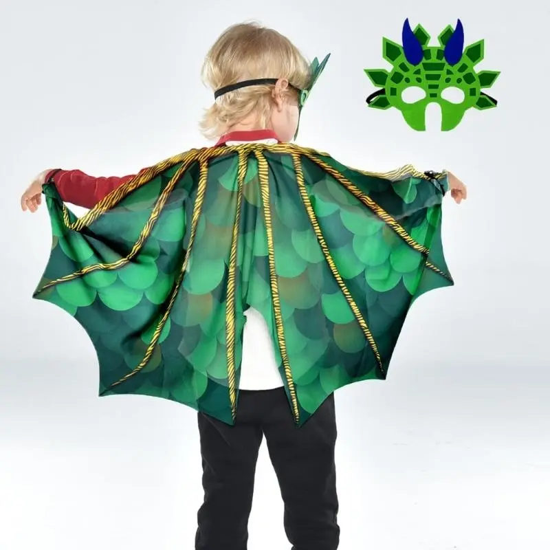652F Dinosaur Wing Cloak with Dinosaur Mask Dinosaur Role Play Outfit for Kid Masquerade Birthday Christmas Halloween Cosplay