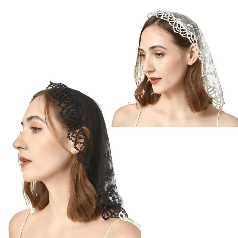 652F Lace Mass Veil Headscarf for Church Attendance Mantilla Veil Lace Head Covering Rose Flower Veil for Worship Service