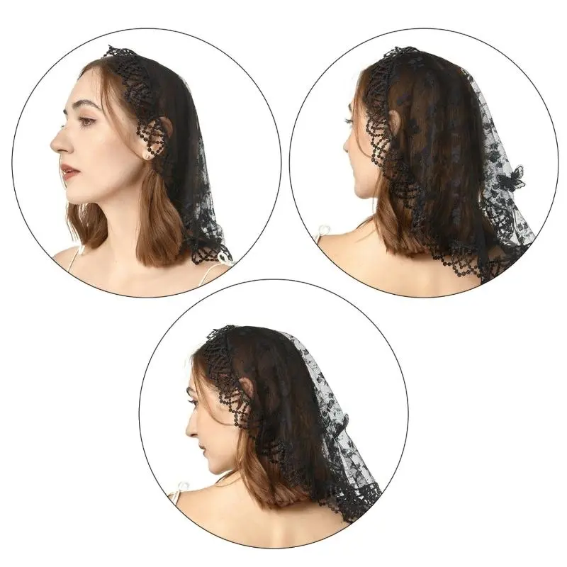 652F Lace Mass Veil Headscarf for Church Attendance Mantilla Veil Lace Head Covering Rose Flower Veil for Worship Service