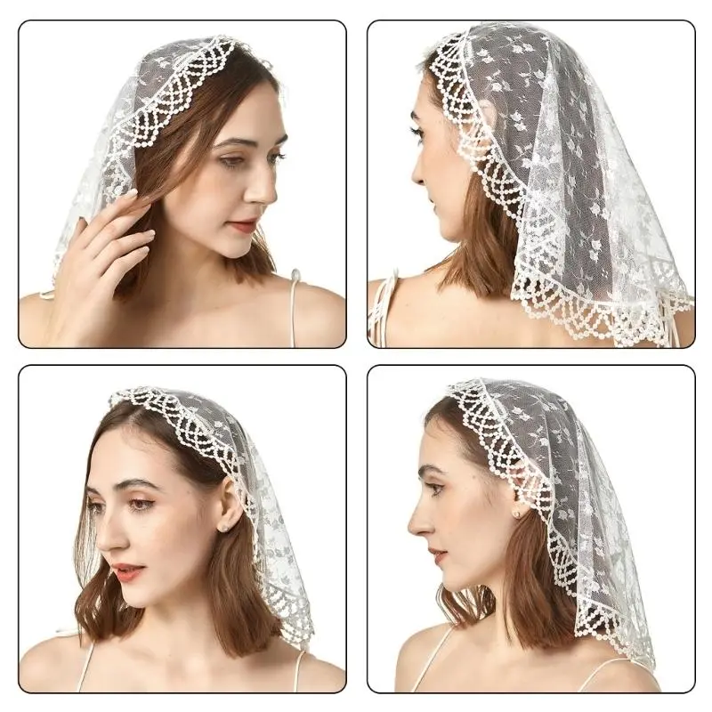 652F Lace Mass Veil Headscarf for Church Attendance Mantilla Veil Lace Head Covering Rose Flower Veil for Worship Service