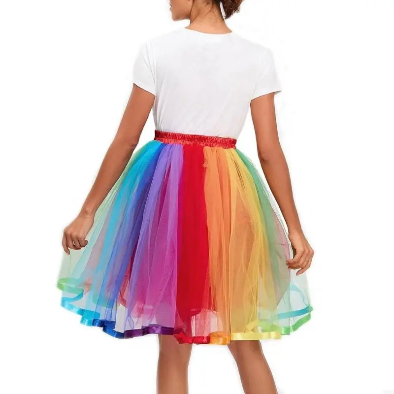 652F Women Colorful Tulle Skirts Elastic Highs Waist Pleated  Midi Skirt Carnivals Rainbow Tutus Skirt Layered Tulle Skirt