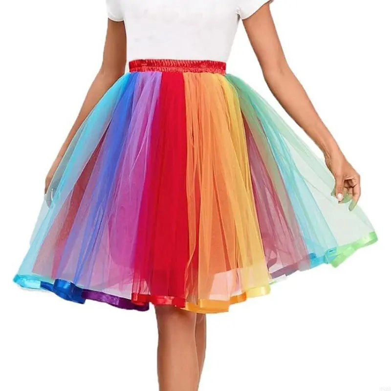 652F Women Colorful Tulle Skirts Elastic Highs Waist Pleated  Midi Skirt Carnivals Rainbow Tutus Skirt Layered Tulle Skirt