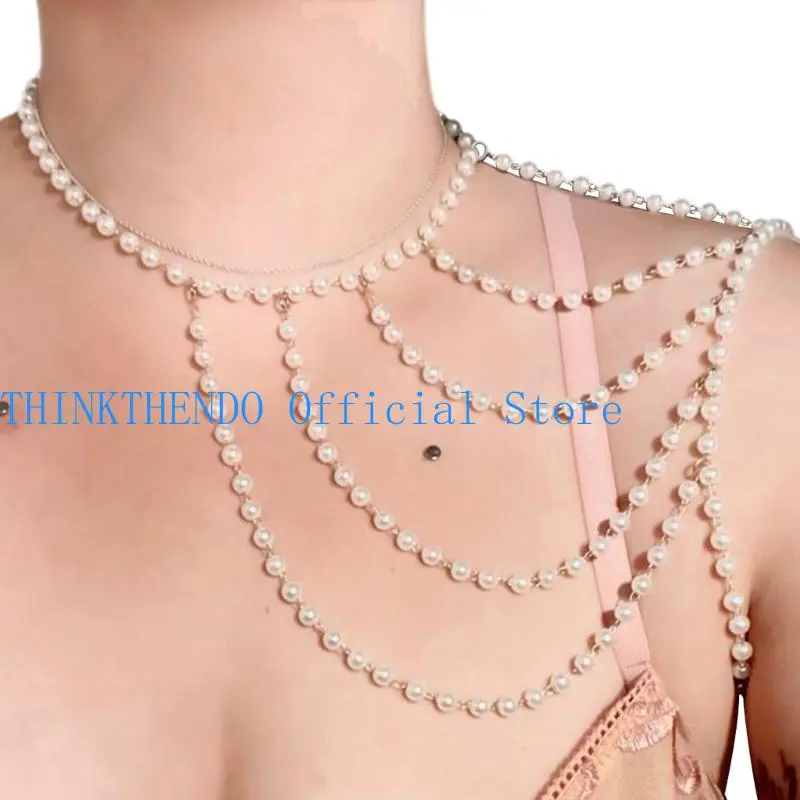 39BB Unique Imitation Pearls Shawl Chain Fashion Body Jewelry for Various Occasion