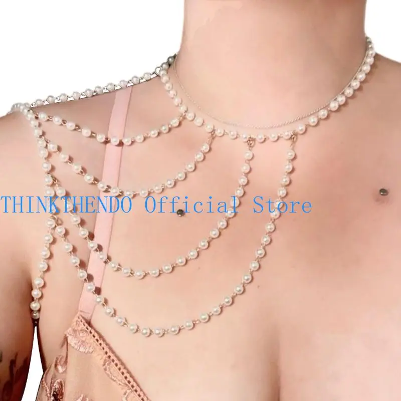 39BB Unique Imitation Pearls Shawl Chain Fashion Body Jewelry for Various Occasion