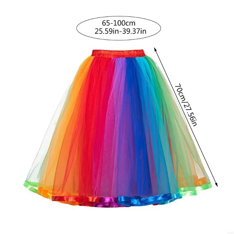 652F Women Colorful Tulle Skirts Elastic Highs Waist Pleated  Midi Skirt Carnivals Rainbow Tutus Skirt Layered Tulle Skirt