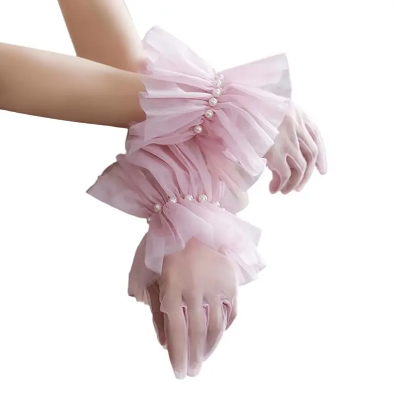 652F Tulle Gloves for Theme Event Dress Gloves Female Evening Party Ceremonial Gloves Ruffled Cuffs Sheer Gloves for Bride