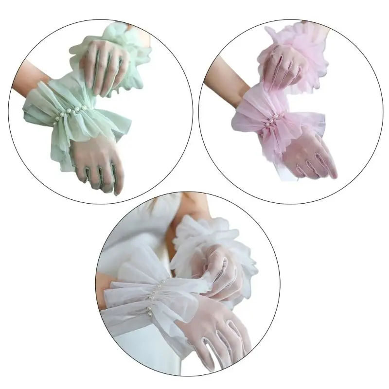 652F Tulle Gloves for Theme Event Dress Gloves Female Evening Party Ceremonial Gloves Ruffled Cuffs Sheer Gloves for Bride