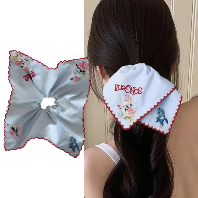 652F Floral Hair Scrunchie For Students Girls Elastic Hair Rope With Blue Comfort Stretchy Accessory