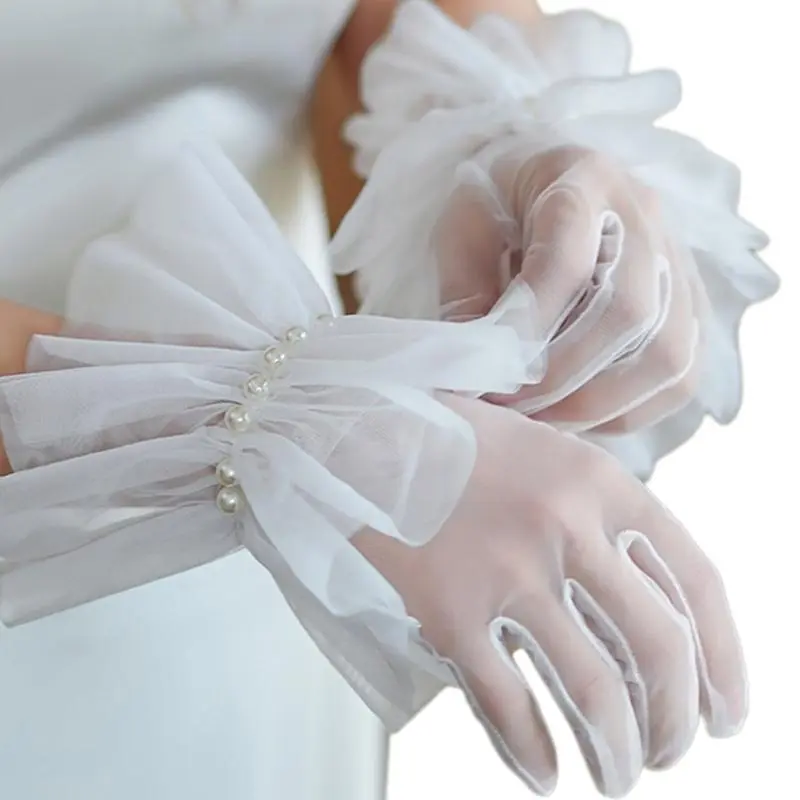 652F Tulle Gloves for Theme Event Dress Gloves Female Evening Party Ceremonial Gloves Ruffled Cuffs Sheer Gloves for Bride