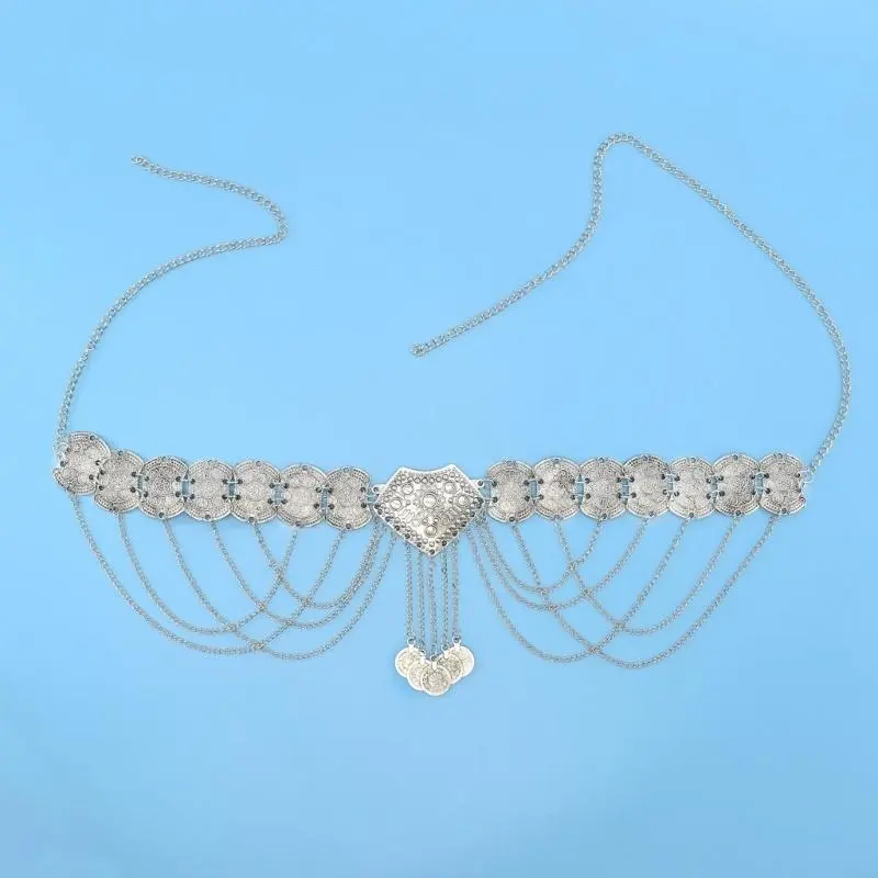 652F Turkish Hollowout Coin Waist Chain for Lady Adjustable Chain Belt Metallic Fringed Waist Chain Body Chain Waist Jewelry