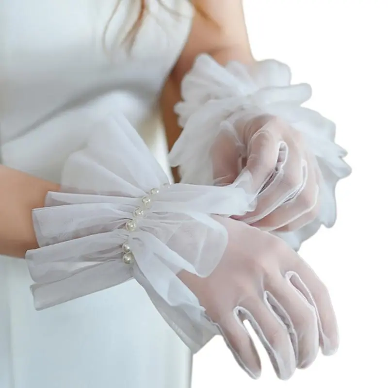 652F Tulle Gloves for Theme Event Dress Gloves Female Evening Party Ceremonial Gloves Ruffled Cuffs Sheer Gloves for Bride