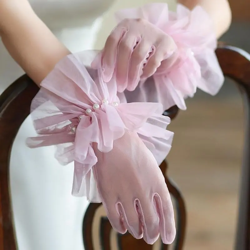 652F Tulle Gloves for Theme Event Dress Gloves Female Evening Party Ceremonial Gloves Ruffled Cuffs Sheer Gloves for Bride