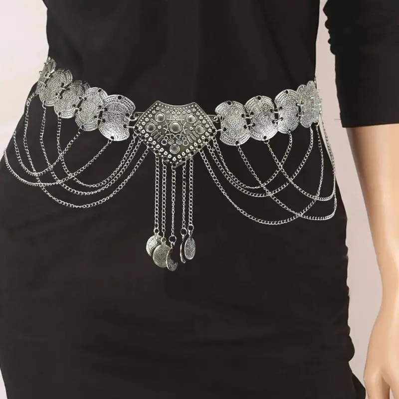 652F Turkish Hollowout Coin Waist Chain for Lady Adjustable Chain Belt Metallic Fringed Waist Chain Body Chain Waist Jewelry