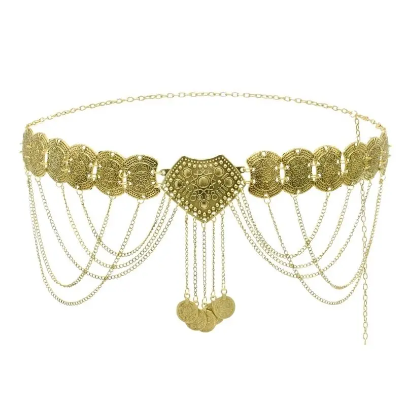 652F Turkish Hollowout Coin Waist Chain for Lady Adjustable Chain Belt Metallic Fringed Waist Chain Body Chain Waist Jewelry