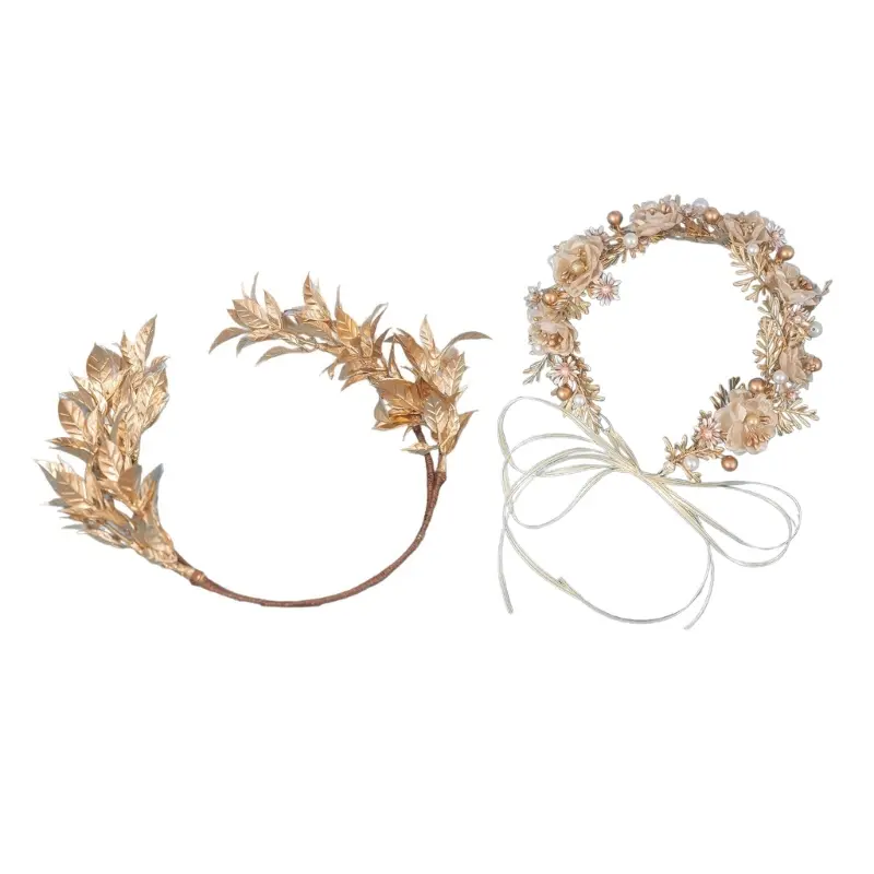 652F Handmade Plastic Resin Wedding Crowns Headpiece With Golden Leaf Design Hair Ornament For Brides Photoshoots and Parties
