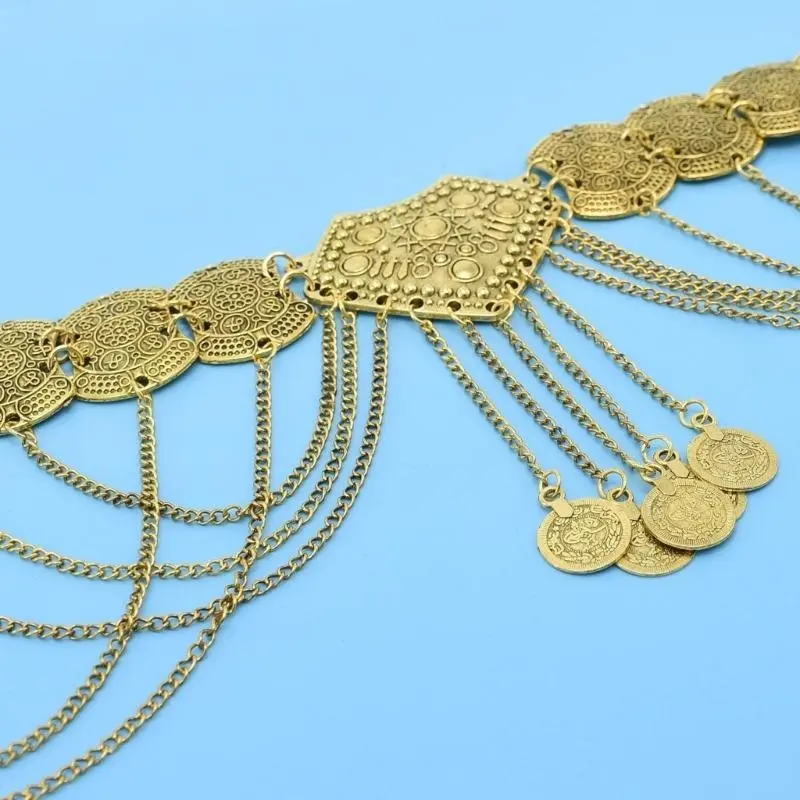 652F Turkish Hollowout Coin Waist Chain for Lady Adjustable Chain Belt Metallic Fringed Waist Chain Body Chain Waist Jewelry
