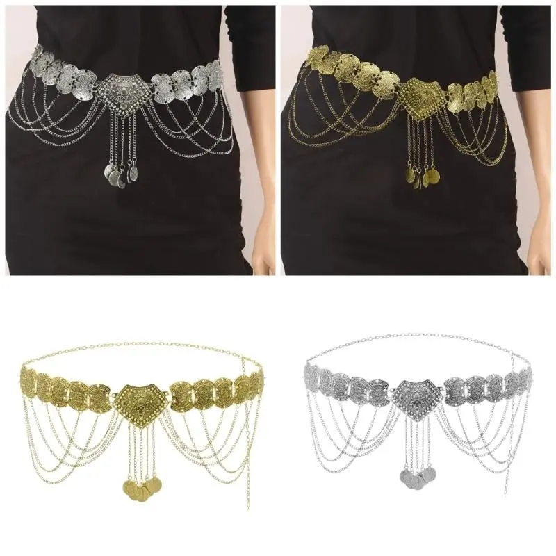 652F Turkish Hollowout Coin Waist Chain for Lady Adjustable Chain Belt Metallic Fringed Waist Chain Body Chain Waist Jewelry