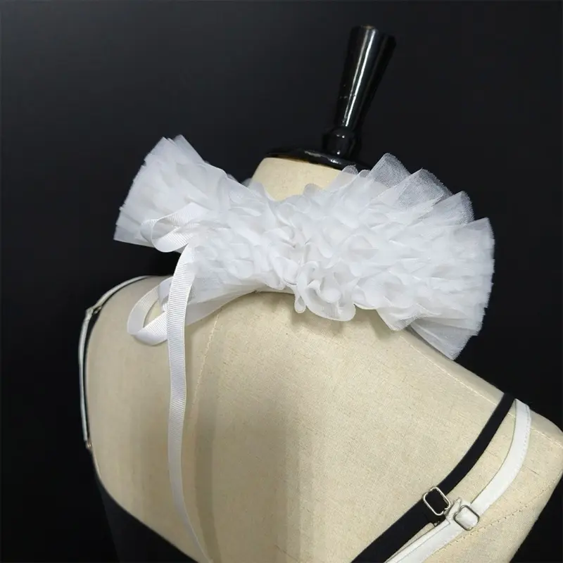 652F Ruffled Mesh Choker Faux Collar With Adjustable Tie Closure Layered Tulle Neck Ruff For Women Evening Dress Accessories