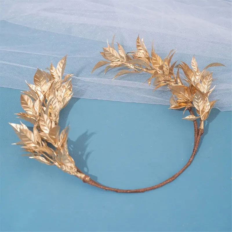 652F Handmade Plastic Resin Wedding Crowns Headpiece With Golden Leaf Design Hair Ornament For Brides Photoshoots and Parties