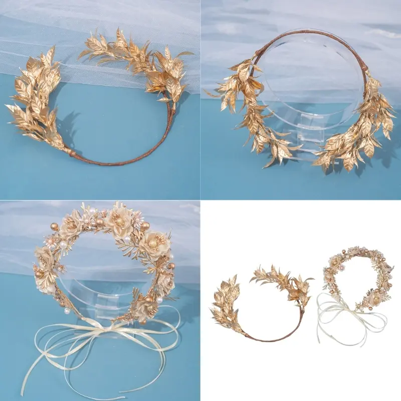 652F Handmade Plastic Resin Wedding Crowns Headpiece With Golden Leaf Design Hair Ornament For Brides Photoshoots and Parties