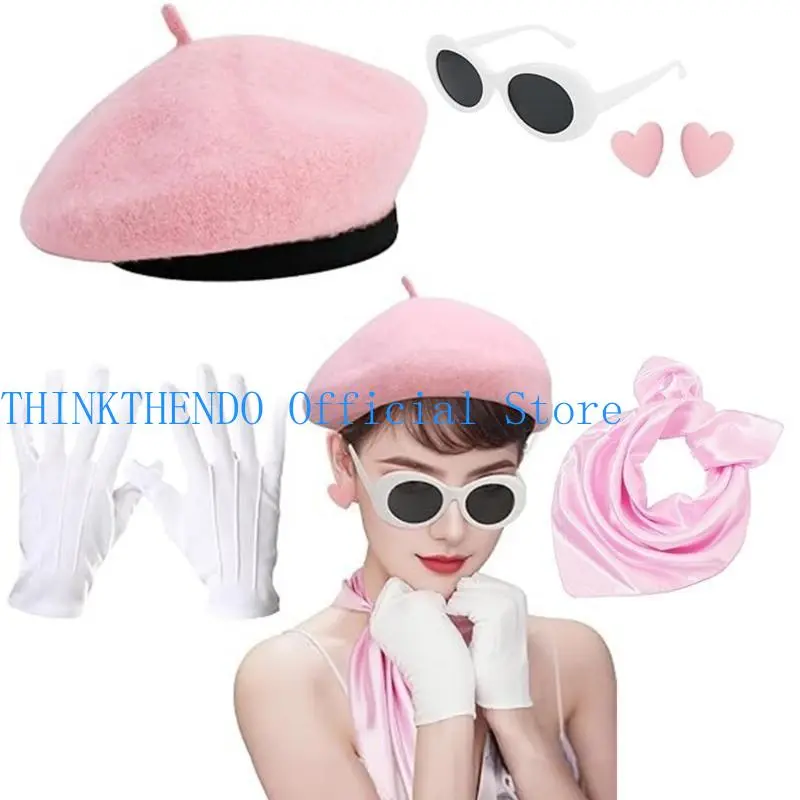39BB Ladies 1980s Costume Hat with Sunglasses Heart Earrings Gloves Scarf for Women