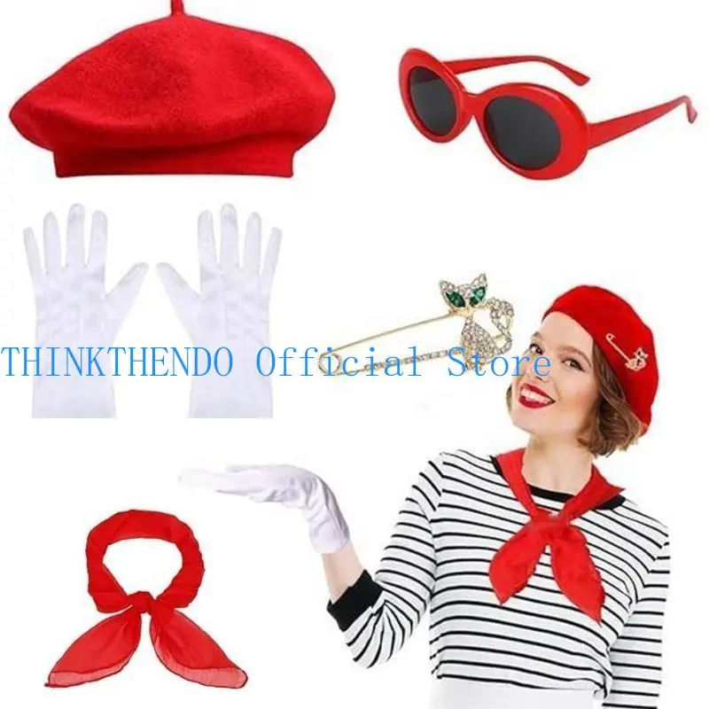 39BB Ladies 1980s Costume Hat with Sunglasses Heart Earrings Gloves Scarf for Women