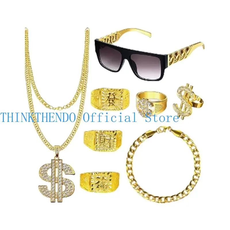 39BB 80s/90s Hip Hop Costume Cool Rapper Outfits Sunglasses Gold Plated Chain