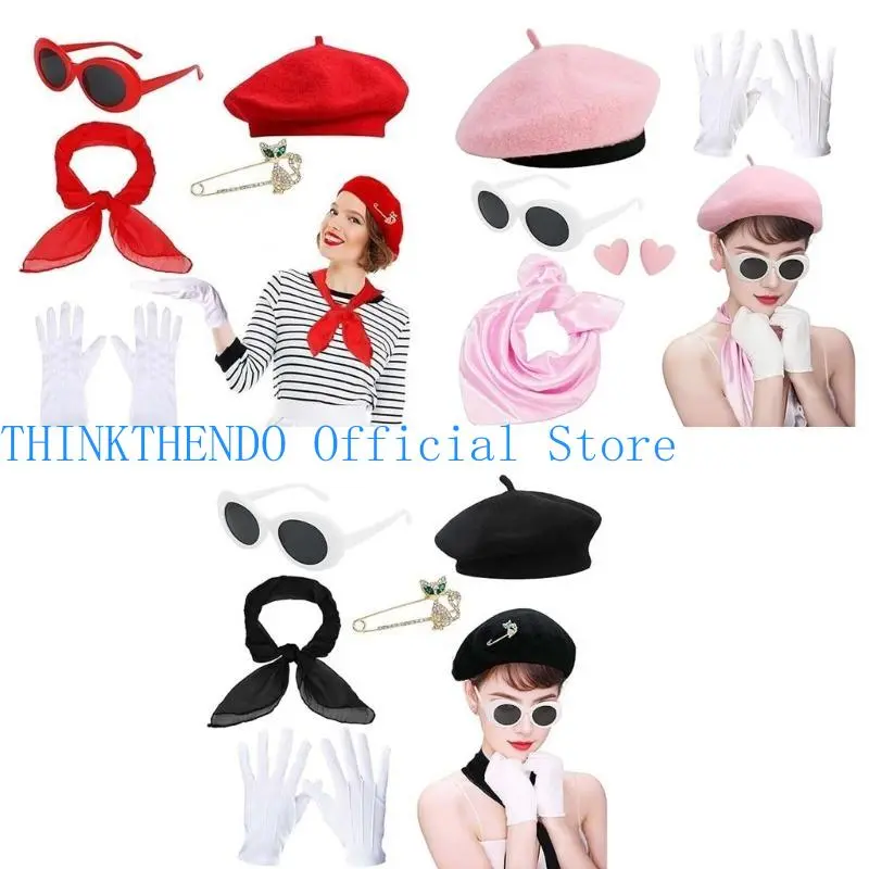 39BB Ladies 1980s Costume Hat with Sunglasses Heart Earrings Gloves Scarf for Women
