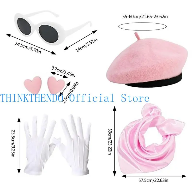 39BB Ladies 1980s Costume Hat with Sunglasses Heart Earrings Gloves Scarf for Women
