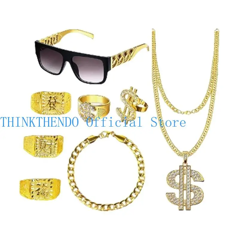 39BB 80s/90s Hip Hop Costume Cool Rapper Outfits Sunglasses Gold Plated Chain
