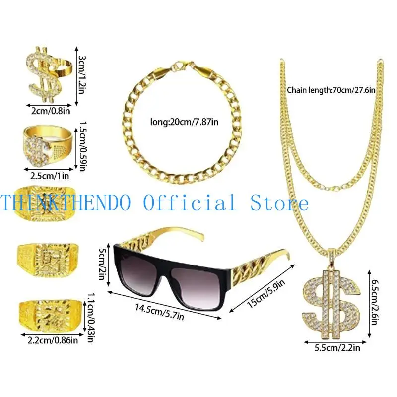 39BB 80s/90s Hip Hop Costume Cool Rapper Outfits Sunglasses Gold Plated Chain
