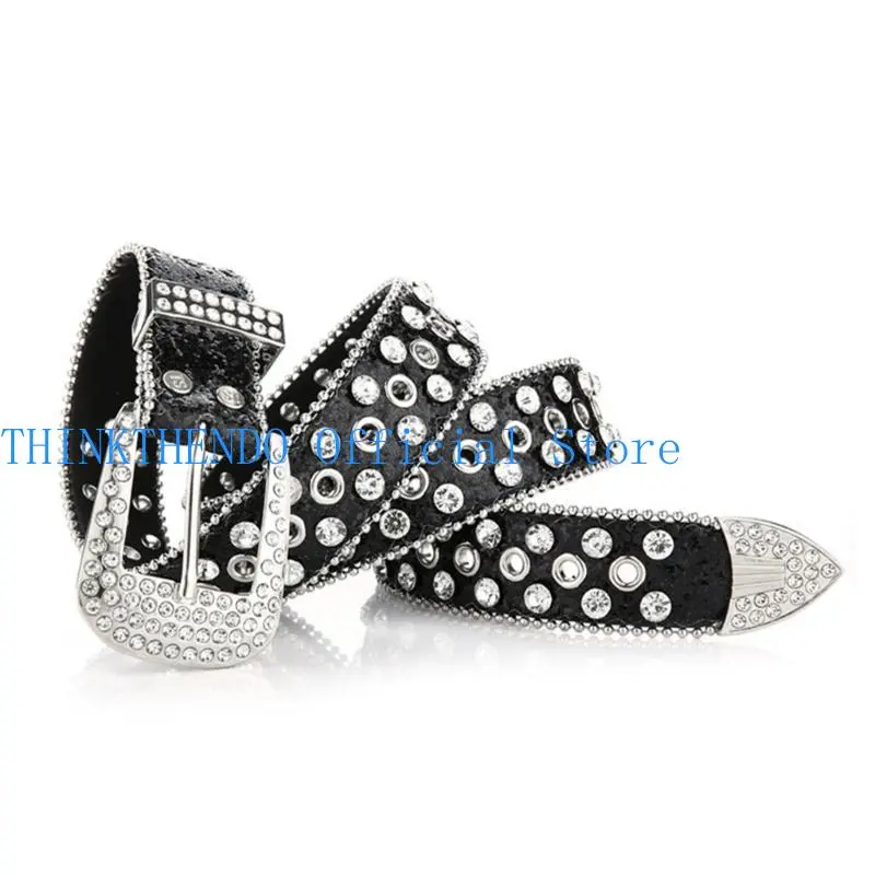 39BB Goth Rhinestones Belts Women PU Leather Straps Rhinestones Belts Cowgirl Y2K Girls Fashion Belt for Jeans Men