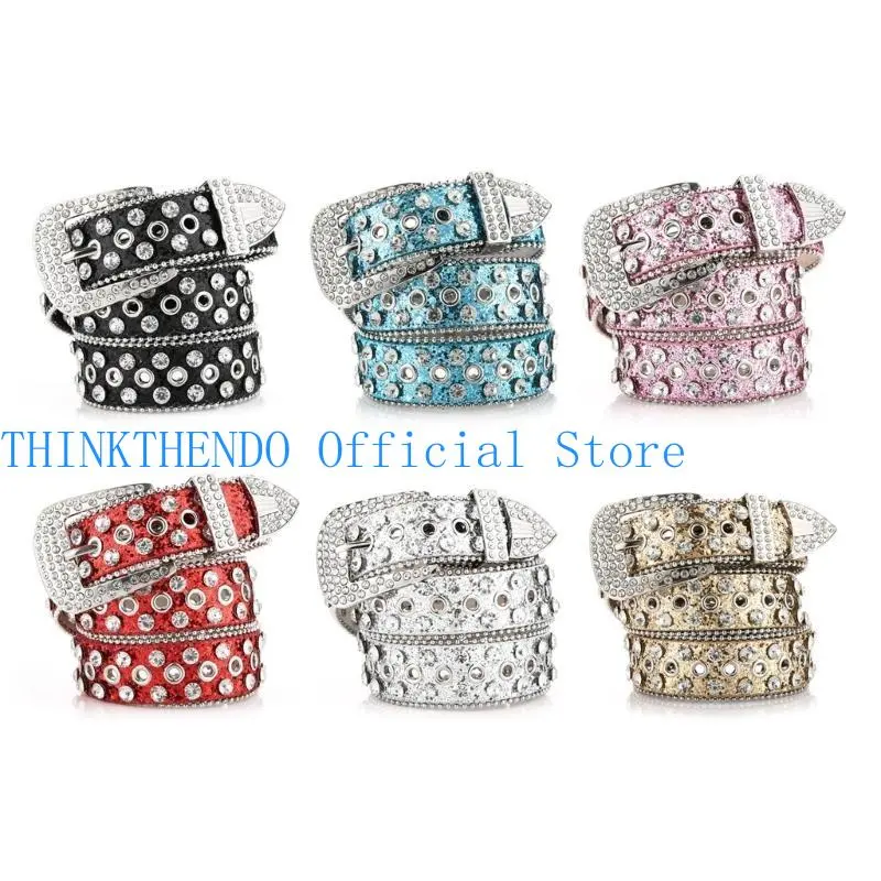 39BB Goth Rhinestones Belts Women PU Leather Straps Rhinestones Belts Cowgirl Y2K Girls Fashion Belt for Jeans Men