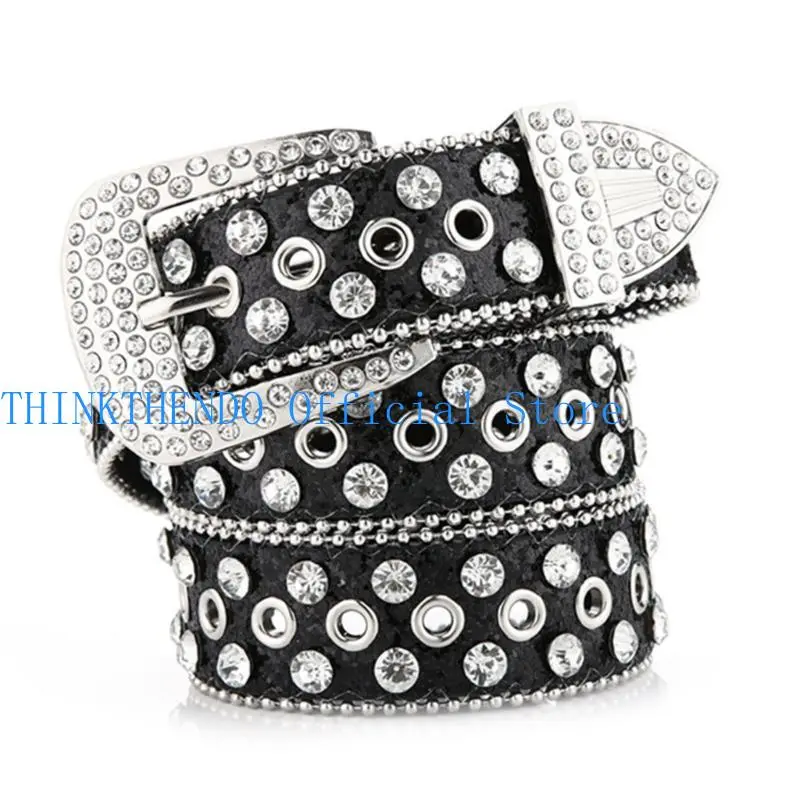 39BB Goth Rhinestones Belts Women PU Leather Straps Rhinestones Belts Cowgirl Y2K Girls Fashion Belt for Jeans Men