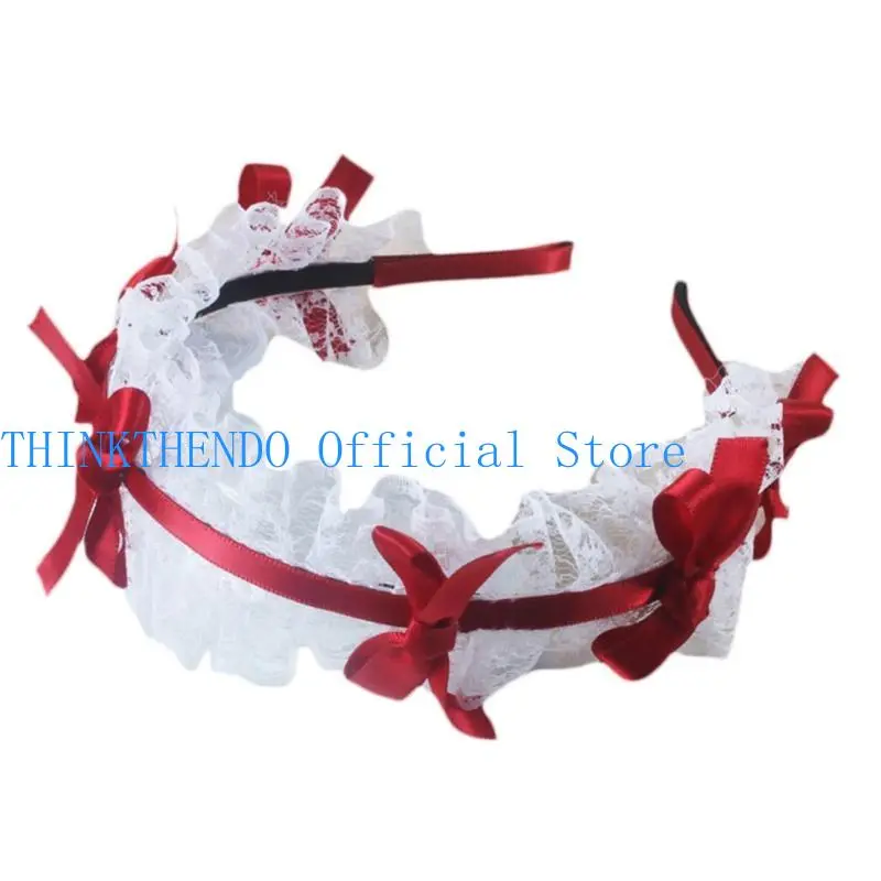 39BB Girls Lace Hair Hoop with Ribbon Bow Headdress Maid Headpiece Anime Gothic Cosplay Headband