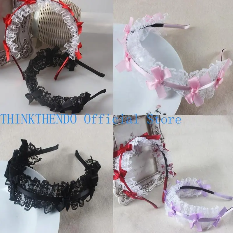 39BB Girls Lace Hair Hoop with Ribbon Bow Headdress Maid Headpiece Anime Gothic Cosplay Headband
